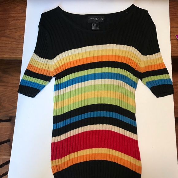 August Silk Ribbed 100% Silk Knit Sweater Top Stretch Crew Stripes Rainbow Black - Picture 2 of 11